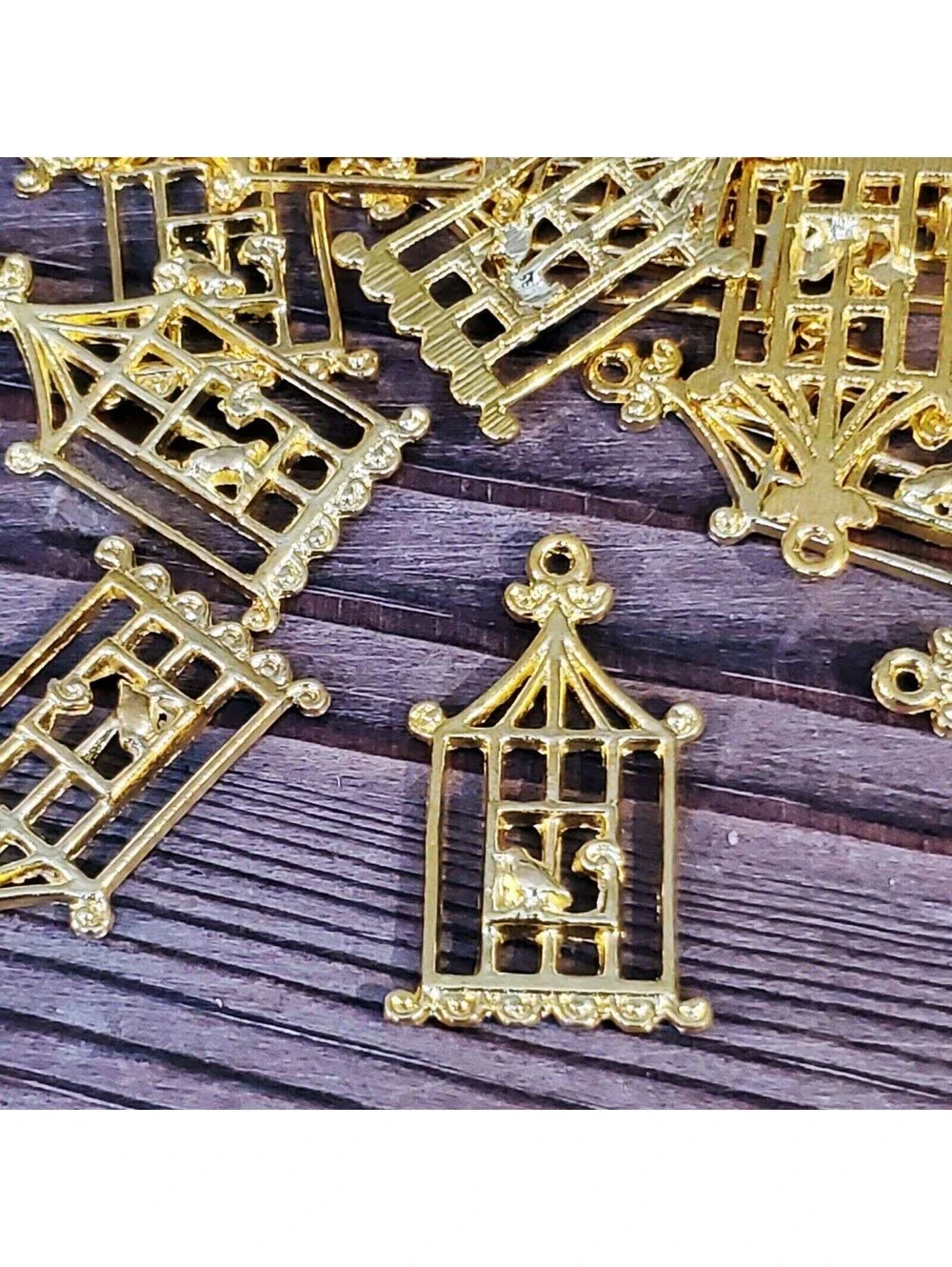 Gold 14K Plated Pewter Art Deco Nouveau Bird & Cage Pendants 29x18mm 2 pcs